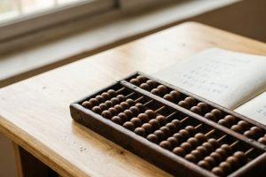 Деревянные счёты и тетрадь с китайскими иероглифами на столе