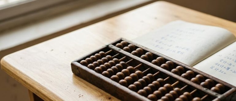 Деревянные счёты и тетрадь с китайскими иероглифами на столе