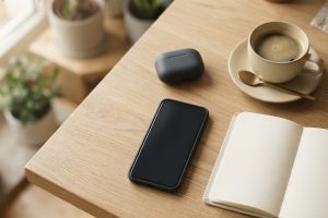Смартфон и наушники на столе рядом с блокнотом и чашкой кофе